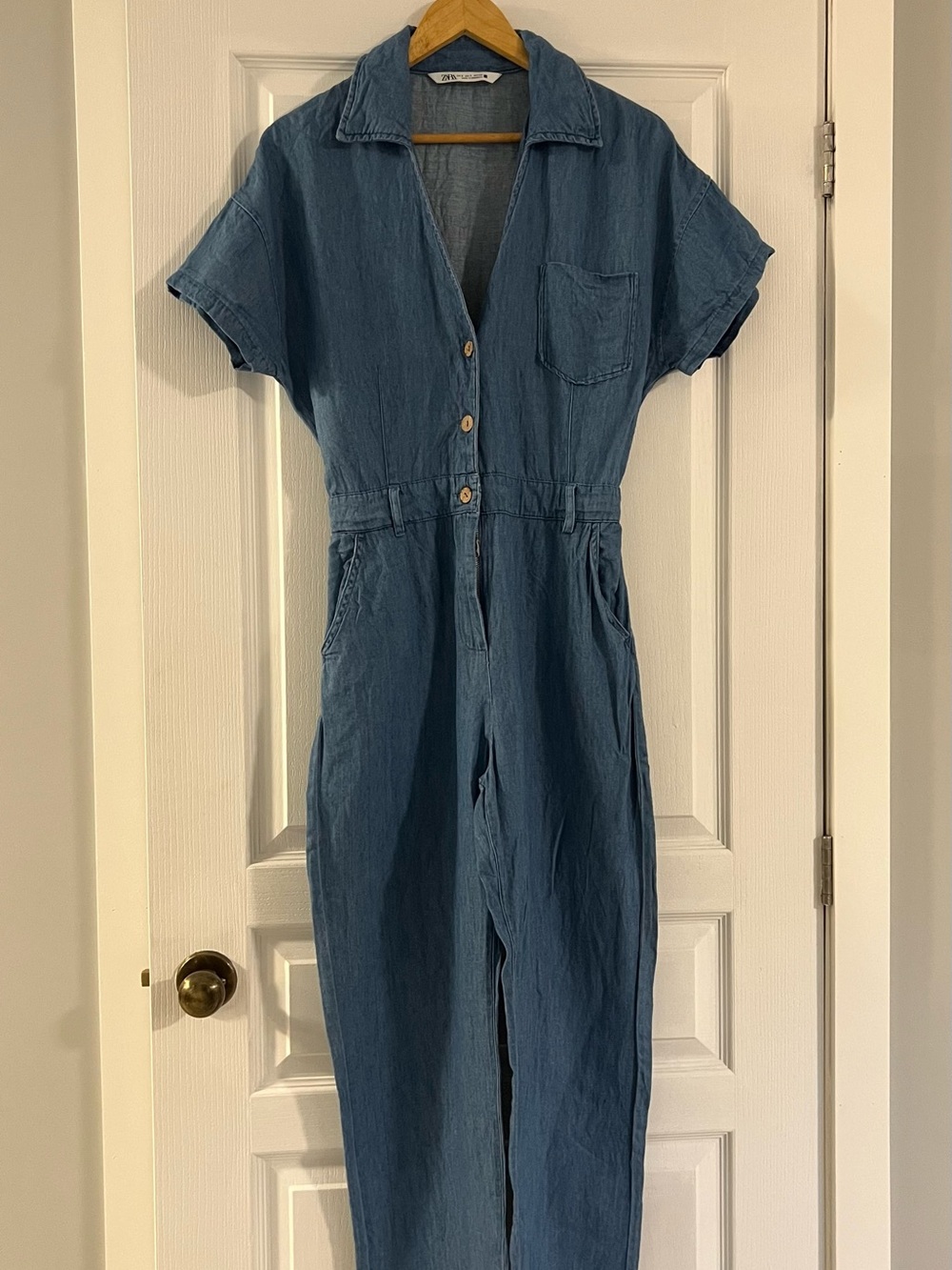 Zara Denim-Blue Short-Sleeve Button-Front Jumpsuit